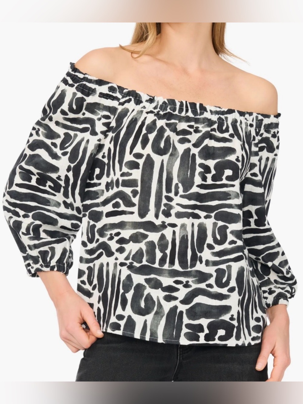 VINCE CAMUTO OFF THE SHOULDER TOP PUFF SLEEVES PRINTED BLACK/WHITE/GRAY SIZE XS